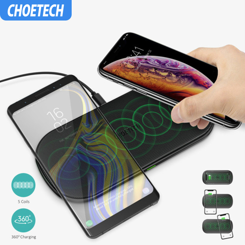 CHOETECH  ที่ชาร์จแบตไร้สาย แท่นชาร์จแบต ชาร์จเร็ว 10W Qi Dual Wireless Charger 5 Coils Fast Charging Pad Compatible for iPhone X XS Max for Samsung S8 S9 S10 New AirPods