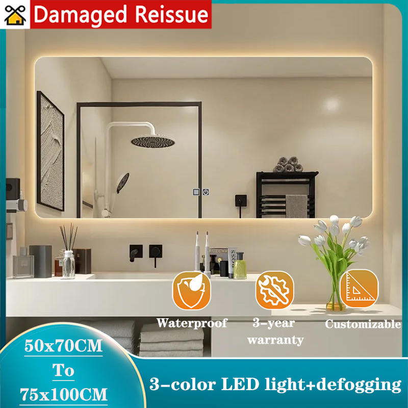 Nordic Style Bathroom Mirror LED Mirror Decoration Wall-mounted Rectangular Frameless Smart Bathroom Dressing Table Three-color Stepless Dimming Intelligent Defogging Beauty Makeup Mirror Hotel Bedroom Bathroom Mirror ราคา 1,897 บาท*ส่งฟรี