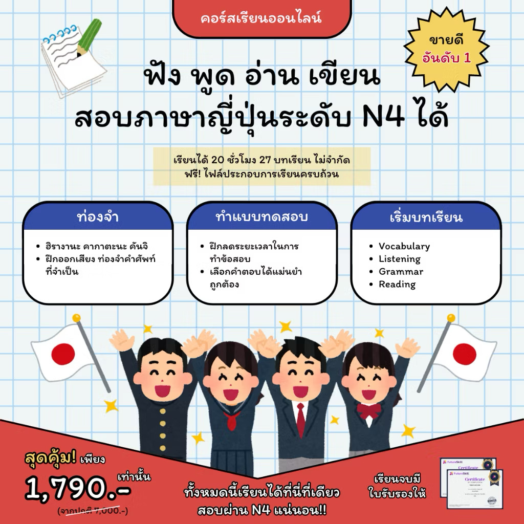 FutureSkill E-Book + คอร์สเรียนออนไลน์ | Collection Japanese Language เริ่มต้นภาษาญี่ปุ่น จาก 0 ถึงระดับ N4 ราคา 1,790 บาท*ส่งฟรี