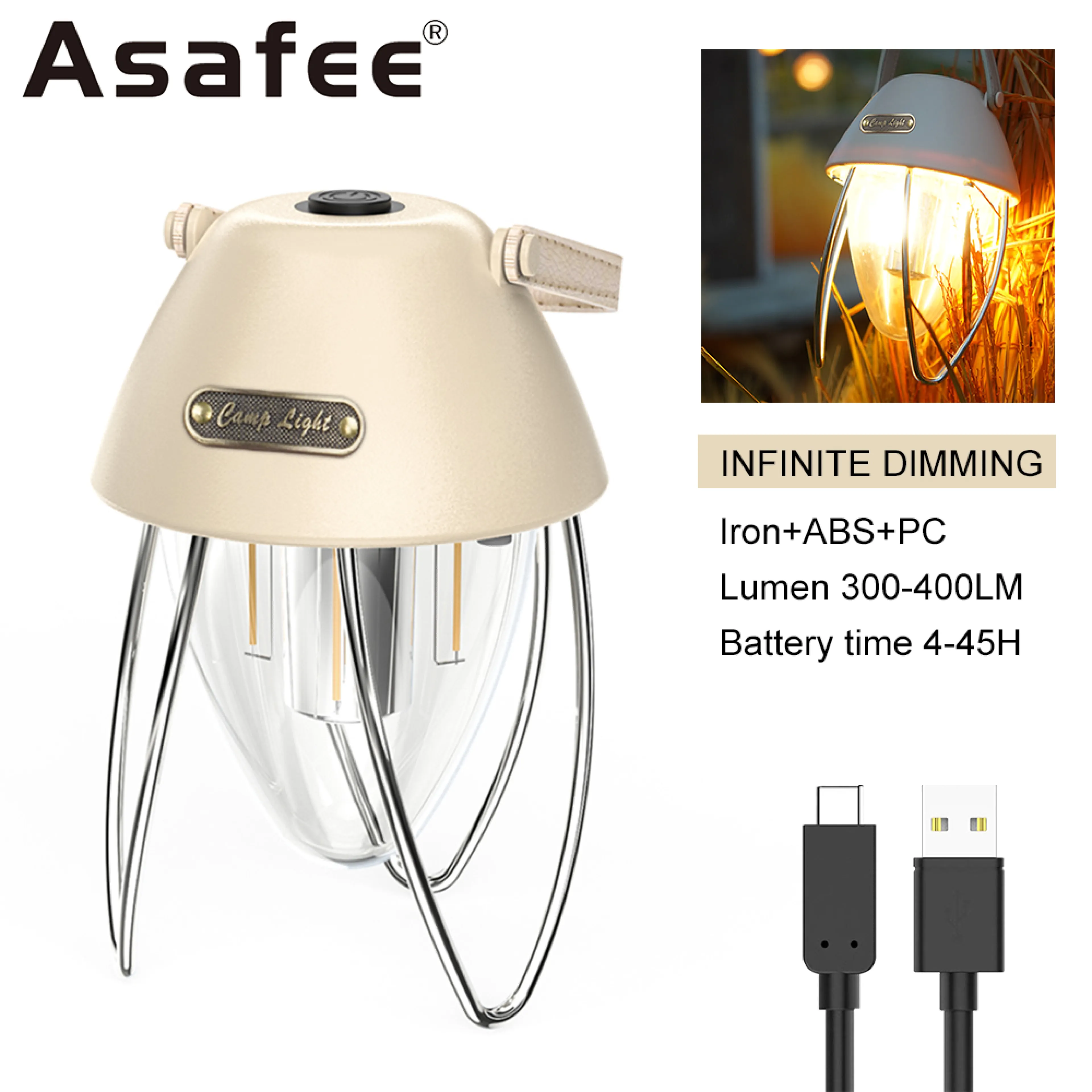 Asafee LY10 400LM ไฟฉายแคมป์ปิ้ง LED ชาร์จ USB-C