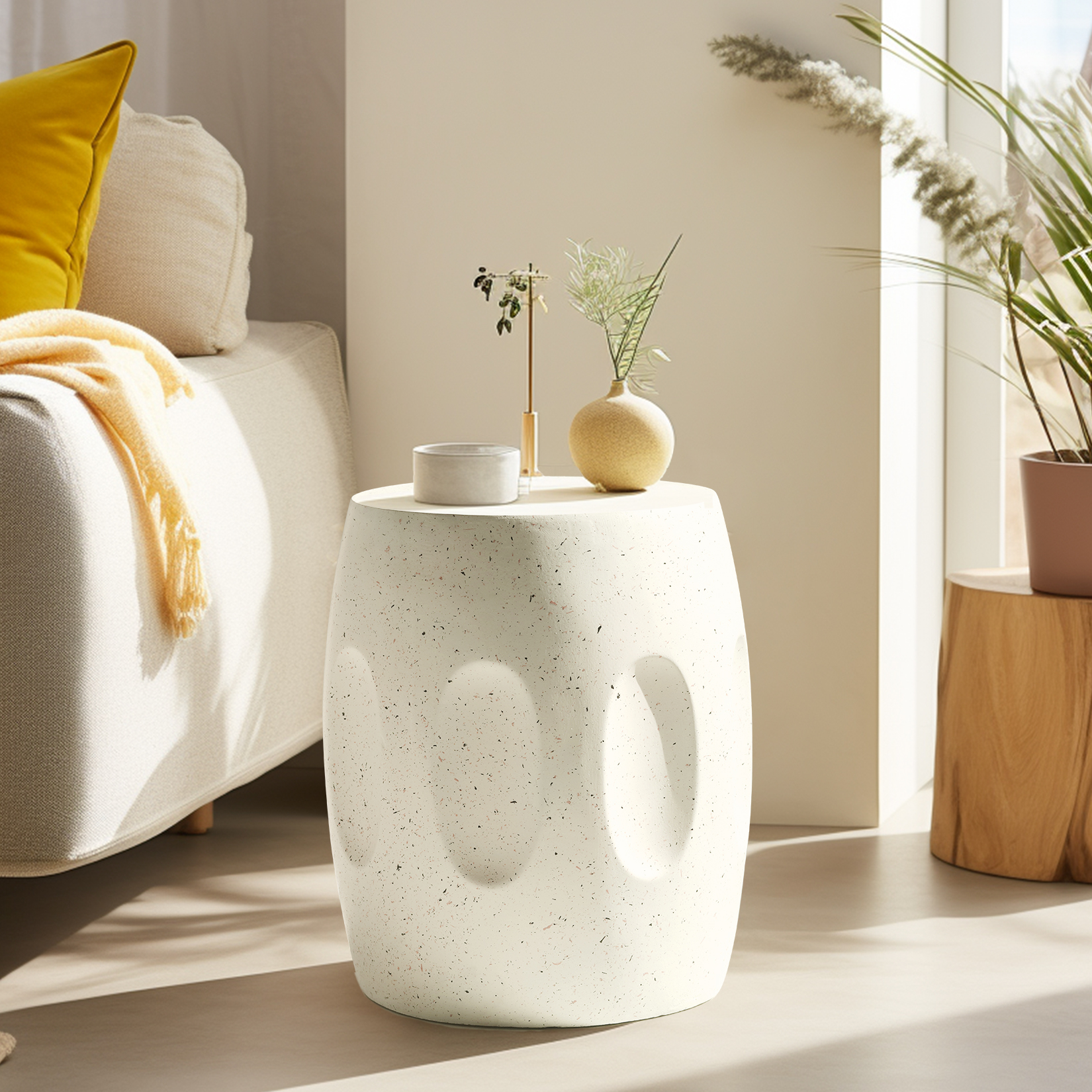 โต๊ะข้างเตียง คอนกรีต วัสดุ Concrete Art Side Table Lightweight: Modern Accent Table 34x46cm Off-white Round Sofa End Sides Tables Sitting Chair Bedside Table for Living Room Indoors Outdoors Patios ราคา 1,800 บาท*ส่งฟรี