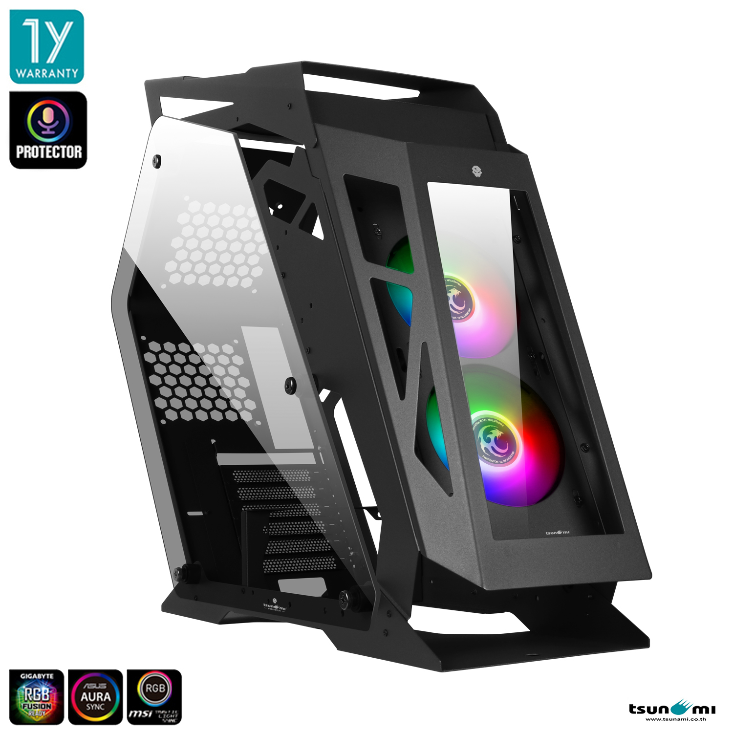 Tsunami Protector Goliath (Protector Sound Sync) Tempered Glass ATX Mutant Gaming Computer Case with Ablaze+ (Aura）*2