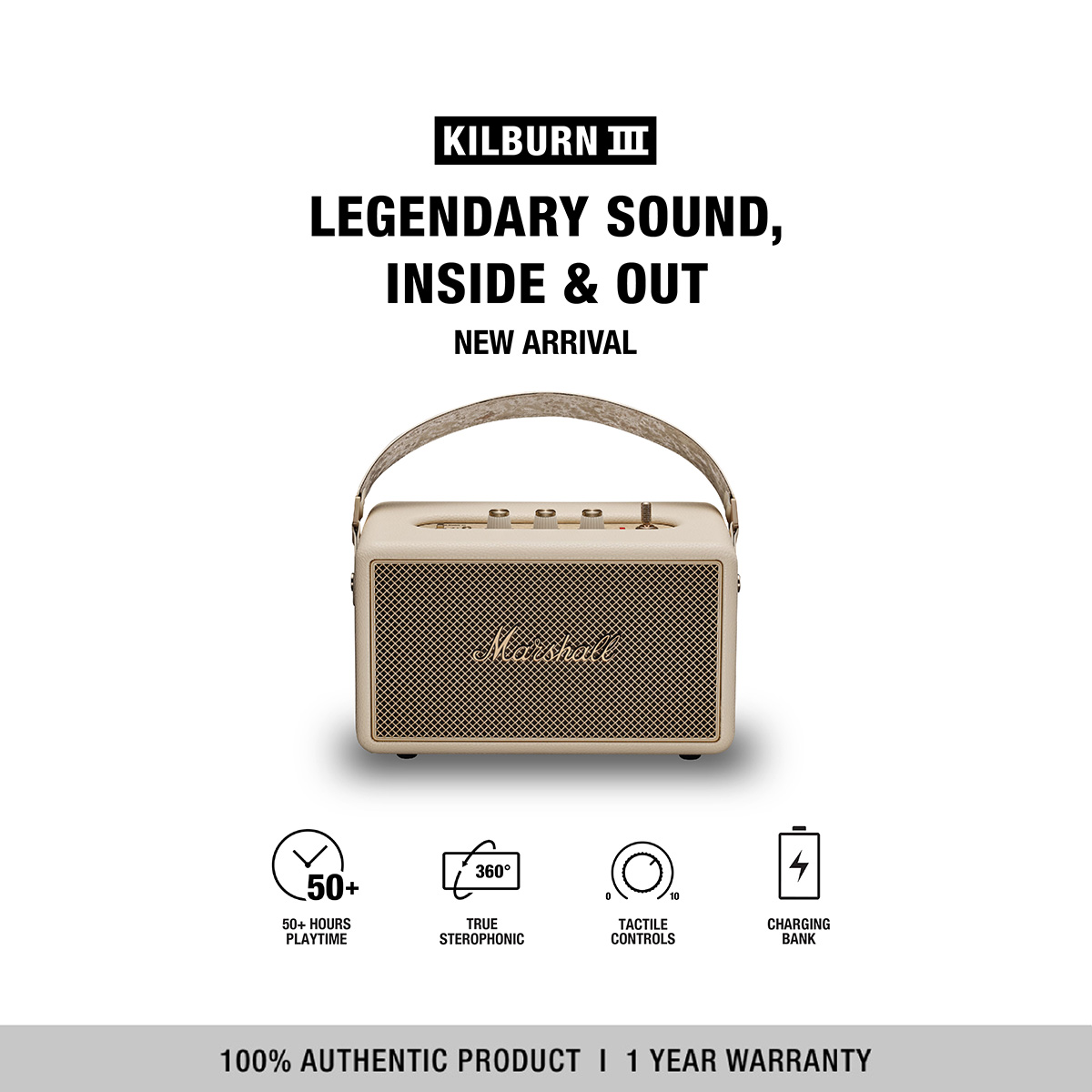 [NEW ARRIVAL] MARSHALL KILBURN III CREAM - Free shipping + 1 Year Warranty (Bluetooth speaker, Portable speaker, Marshall speaker, Wireless speaker)