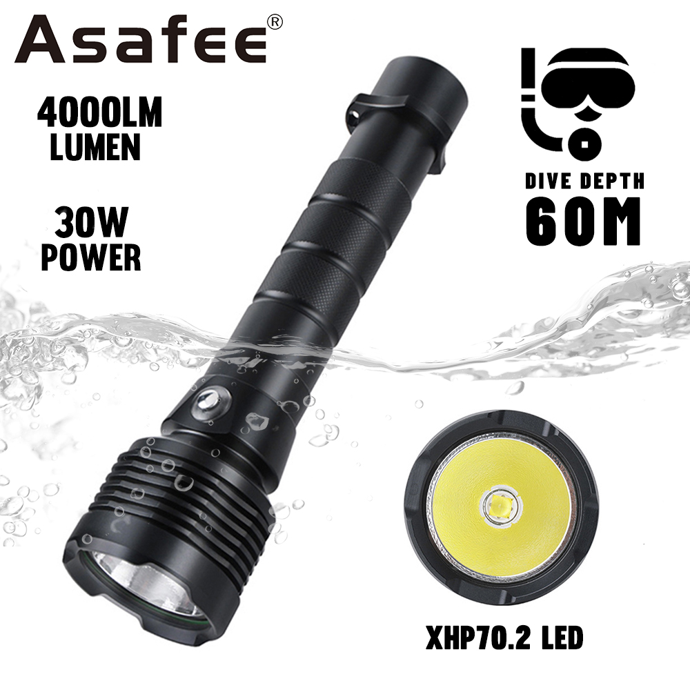 Asafee M53 Professional Diving Flashlight 4000Lm, Ultra-Bright Xhp70.2 Led Bulb, Waterproof Ipx8, Depth 60 Meters, Scuba Diving Flashlight. Supports 18650/26650 Batteries. ราคา 2,149 บาท*ส่งฟรี