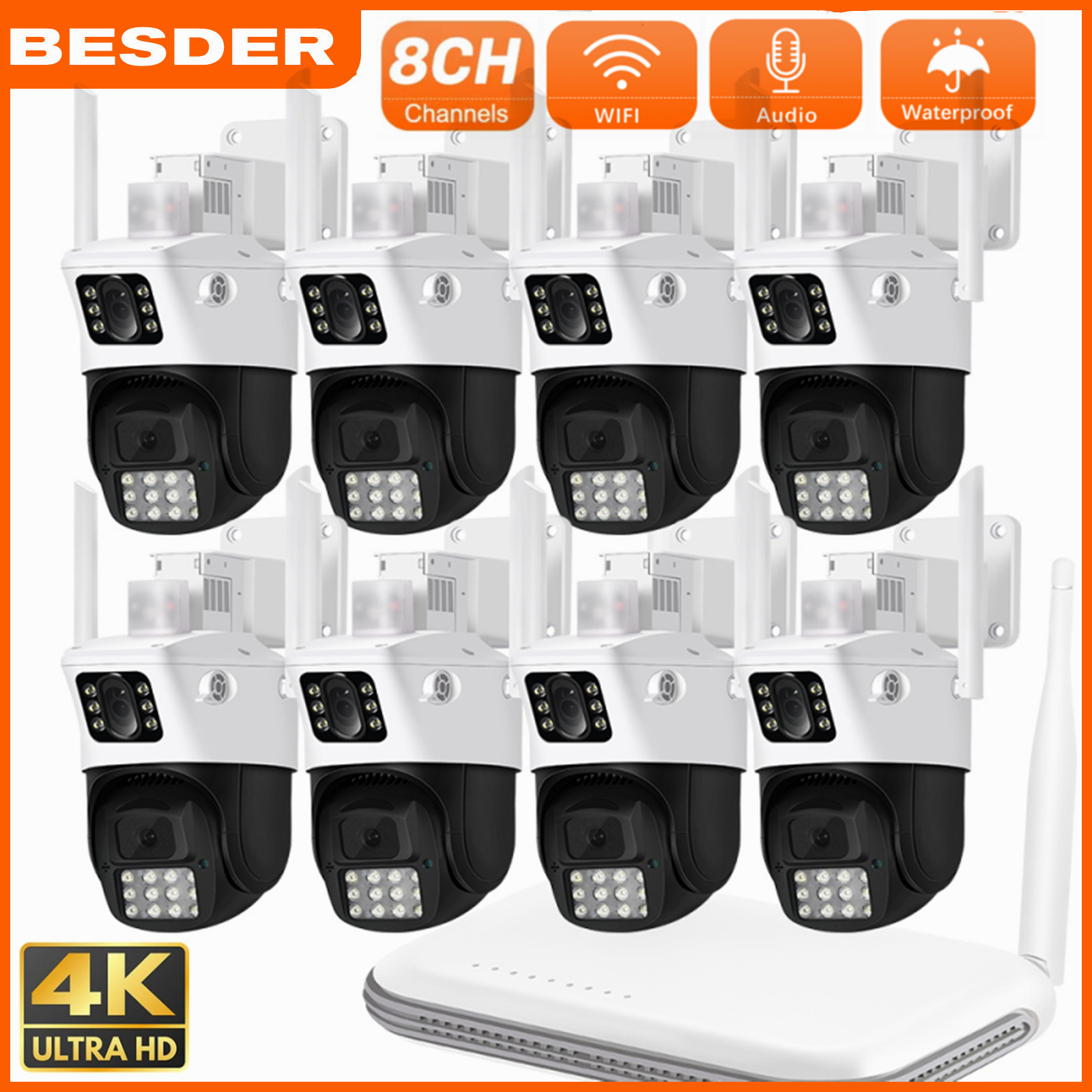 BESDER 8CH Mini NVR 8MP กล้อง IP 4K WiFi กล้องเลนส์คู่หน้าจอการติดตามอัตโนมัติ Ai การตรวจจับร่างกายมนุษย์กล้องกันน้ำกลางแจ้งสีเต็มรูปแบบ Night Vision CCTV ชุดเฝ้าระวัง ราคา 3,846 บาท*ส่งฟรี