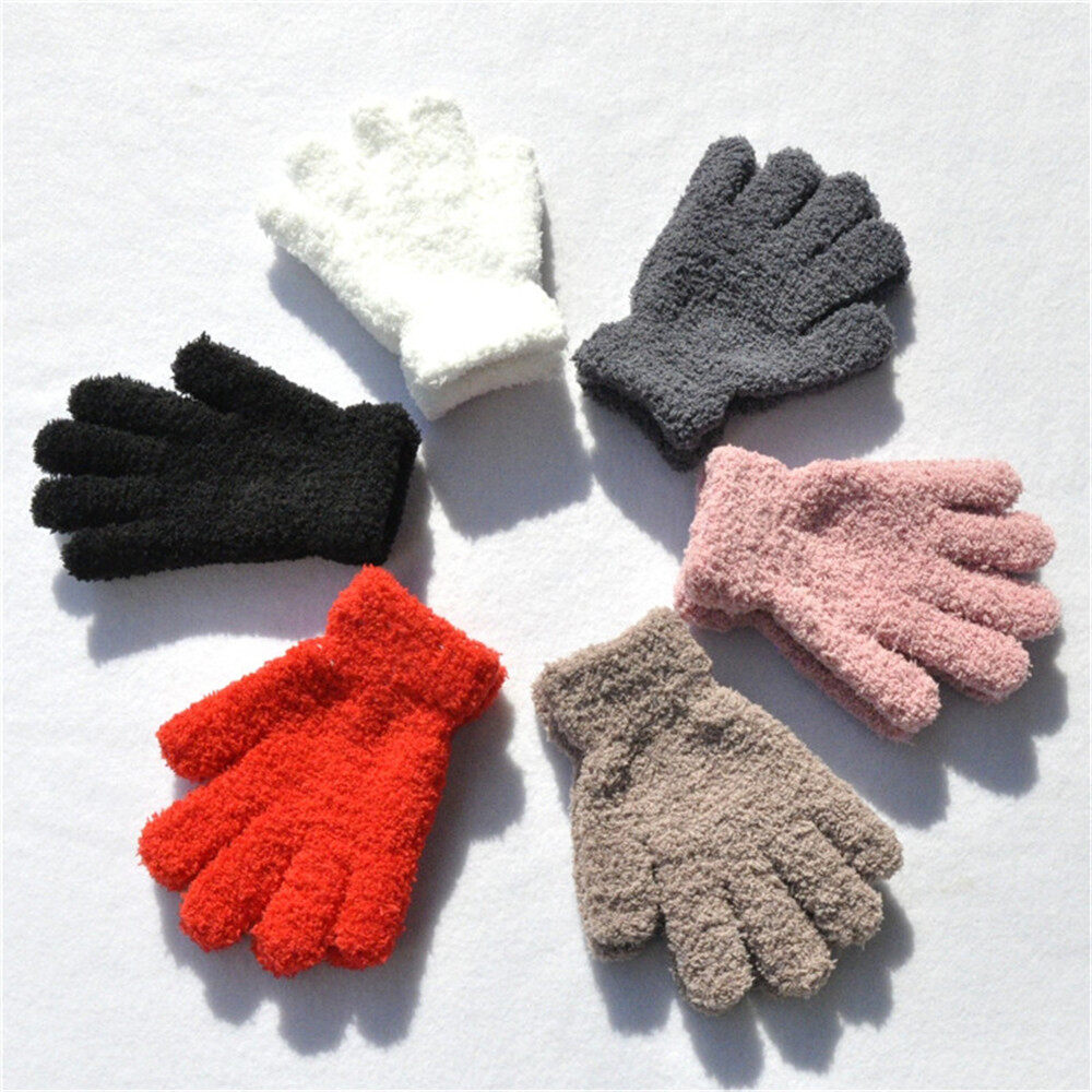 NHUWBM SHOP 0-11ปีเด็ก Lovely Soft Warm เด็กชายเด็กหญิงเด็กถุงมือนิ้วมือสีลูกอม Coral Plush Mittens