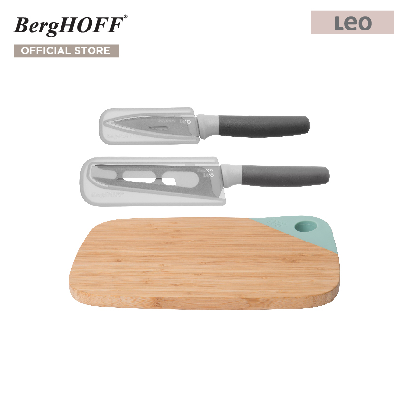 BergHOFF ชุดมีดสแตนเลสสตีลเคลือบ Non-Stick 2 ชิ้นพร้อมเขียงไผ่ รุ่น Leo ทนทาน สีเทา ไม้ เขียว 3950215 ราคา 1,145 บาท*ส่งฟรี