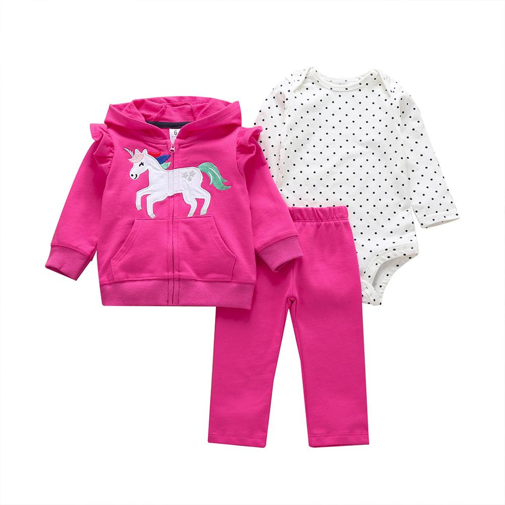 baby girl cartoon unicorn clothes long sleeve hooded coat+dot romper+pant newborn outfit 2019 fall infant clothing set new born