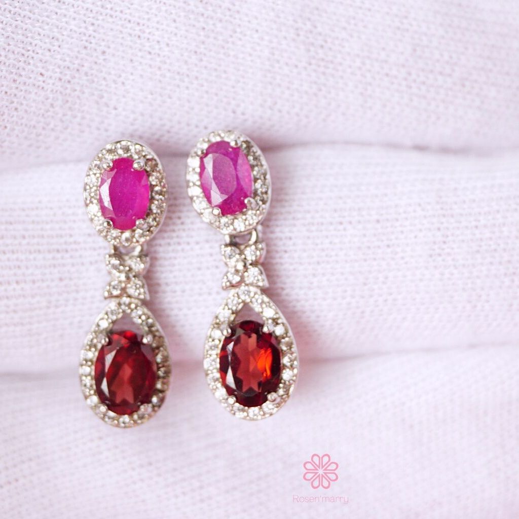 Natural Ruby and Garnet Earrings Sterling Silver 925 with rose gold plated Gift for her , Birthday Gift , Birthstone , Drop Earrings ราคา 2,085 บาท*ส่งฟรี