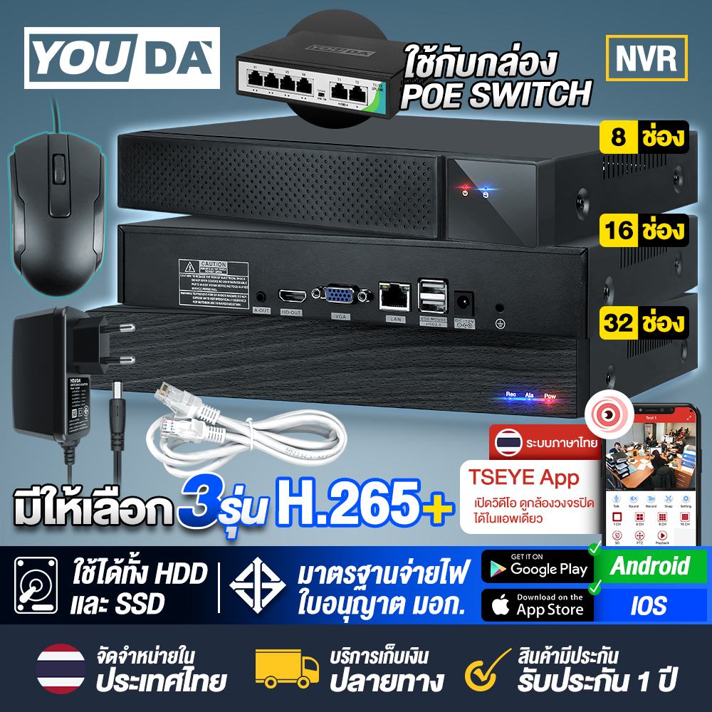 YOUDA NVR box 32-channel CCTV recording box supports all camera models adapter comes with an adapter + mouse + installation equipment, a recorder for CCTV cameras H.265+ TSEYE system can be controlled via an app or computer NVR CCTV recorder ราคา 2,999 บาท*ส่งฟรี