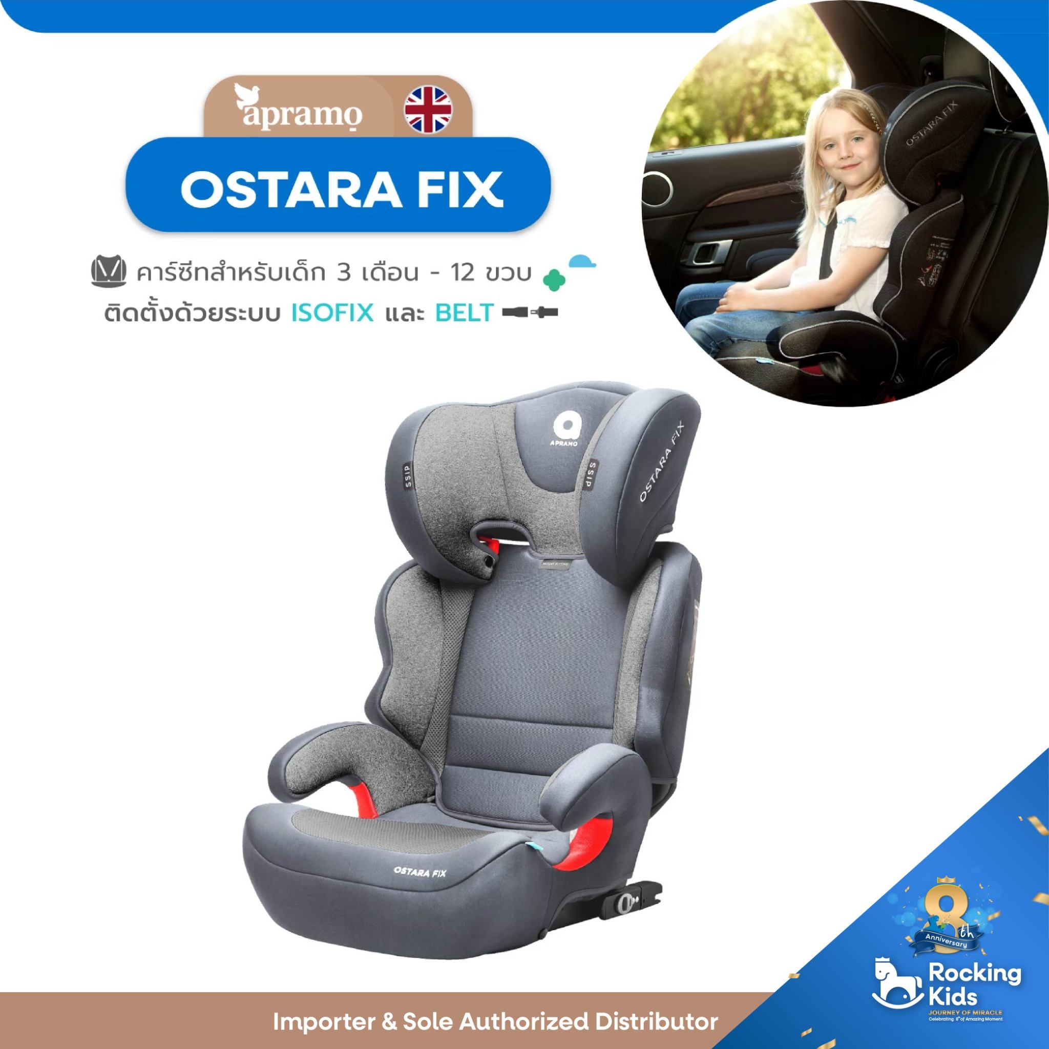 Apramo รุ่น Ostara Fix คาร์ซีทสำหรับเด็กโต 3 ขวบ - 12 ขวบ ราคา 4,900 บาท*ส่งฟรี