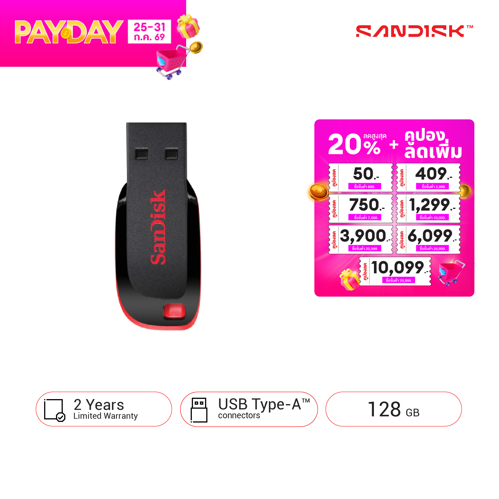 SanDisk 128GB Flash Drive Cruzer Blade CZ50 (Black/Red) (SDCZ50-128G-B35) ( แฟลชไดร์ฟ usb Flash Drive )