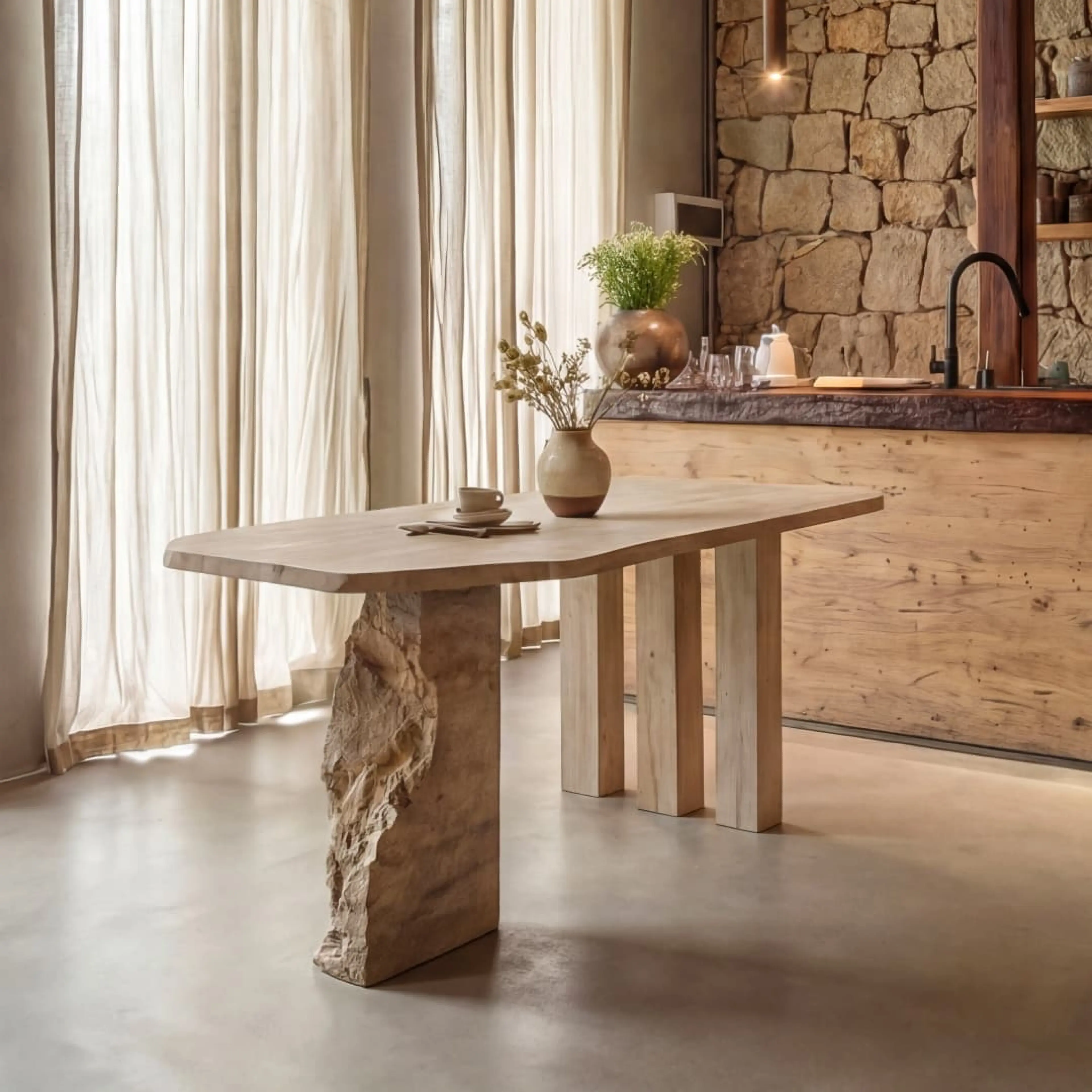 Bunise D025 Dining Table Made from Genuine Travertine Stone (Natural Travertine), Nordic Zen Style, Natural Edge Design, Luxurious, Minimalist.