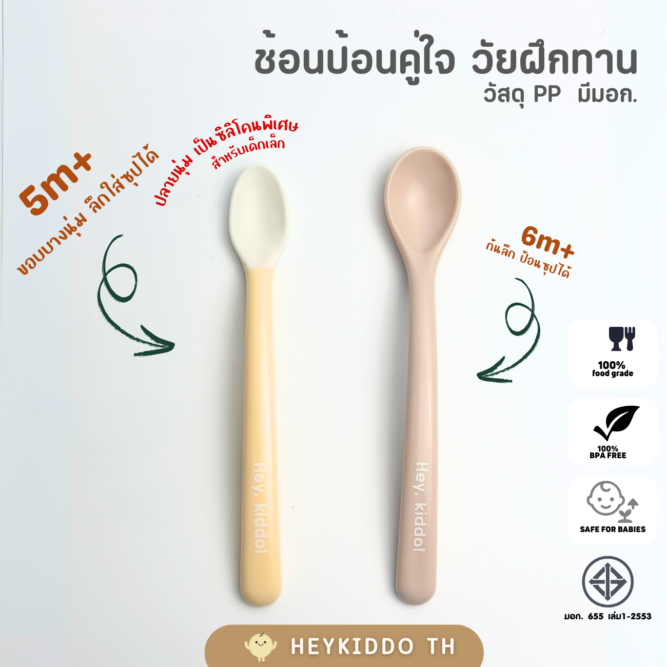 Heykiddo: Pp Feeding Spoon for Babies, Thin Tip, Bpa Free, Has a Safety Ring, Safe, Not Sharp, Suitable for Babies Starting to Eat from 4 Months+ ราคา 125 บาท*ส่งฟรี
