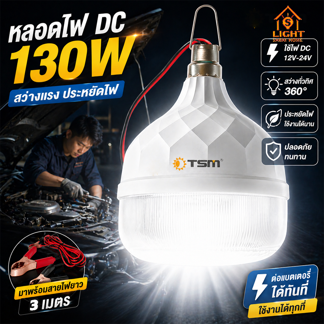 หลอดไฟ DC 12V LED 130W แสงขาว สายยาว3เมตร หลอดพกพา ไฟคีบแบต ไฟฉุกฉิน รุ่น TSM-DC130