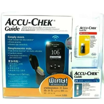 Accu-Chek Guide เครื่องตรวจน้ำตาลในเลือดแบบไร้สายและอุปกรณ์เจาะเลือด (แถมฟรี แถบตรวจน้ำตาล 25 ชิ้น + เข็มเจาะเลือด 24 ชิ้น มูลค่า695.-) Accu-Chek Guide เครื่องตรวจน้ำตาลในเลือดแบบไร้สายและอุปกรณ์เจาะเลือด (แถมฟรี แถบตรวจน้ำตาล 25 ชิ้น + เข็มเจาะเลือด 24 ชิ้น มูลค่า695.-)