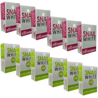 Snail White Soap x10 Whitening สบู่หอยทาก 70g. (6 ก้อน) + SNAIL WHITE X10 ACNE & WHITENING สบู่สีเขียว 70g. (6 ก้อน) Snail White Soap x10 Whitening สบู่หอยทาก 70g. (6 ก้อน) + SNAIL WHITE X10 ACNE & WHITENING สบู่สีเขียว 70g. (6 ก้อน)