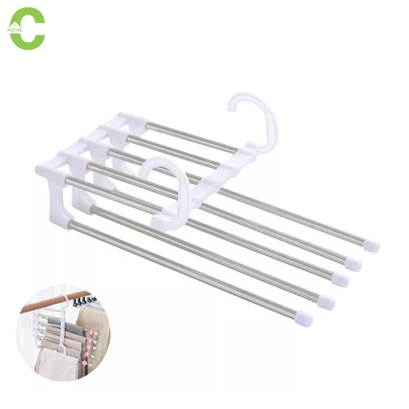 HOMEC ไม้แขวนกางเกง 5ชั้น ที่แขวนกางเกง ไม้แขวนเสื้อ ราวแขวนกางเกง แขวนกางเกง ไม้แขวนสแตนเลส ไม่แขวนเสื้อ Telescopic pants rack ราคา 49 บาท*ส่งฟรี