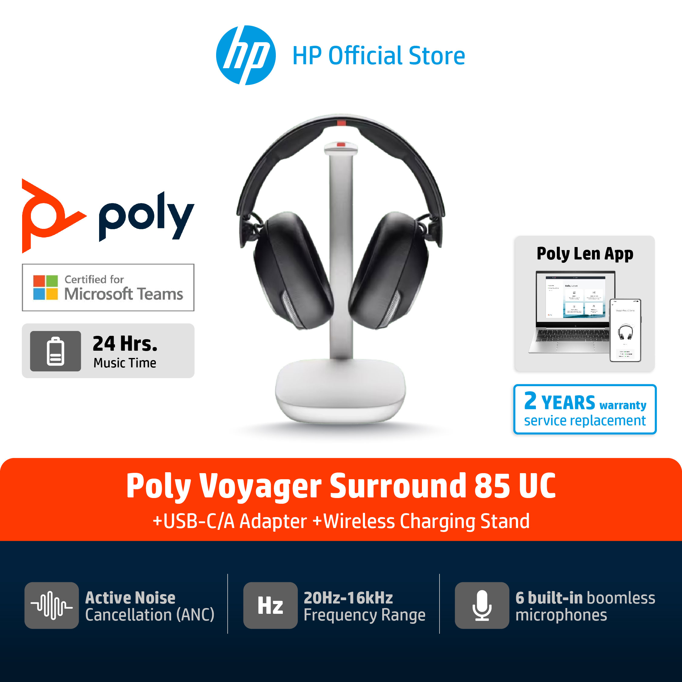 Poly Voyager Surround 85 UC Microsoft Teams Certified USB-C Headset +USB-C - A Adapter +Charging Stand ราคา 19,900 บาท*ส่งฟรี