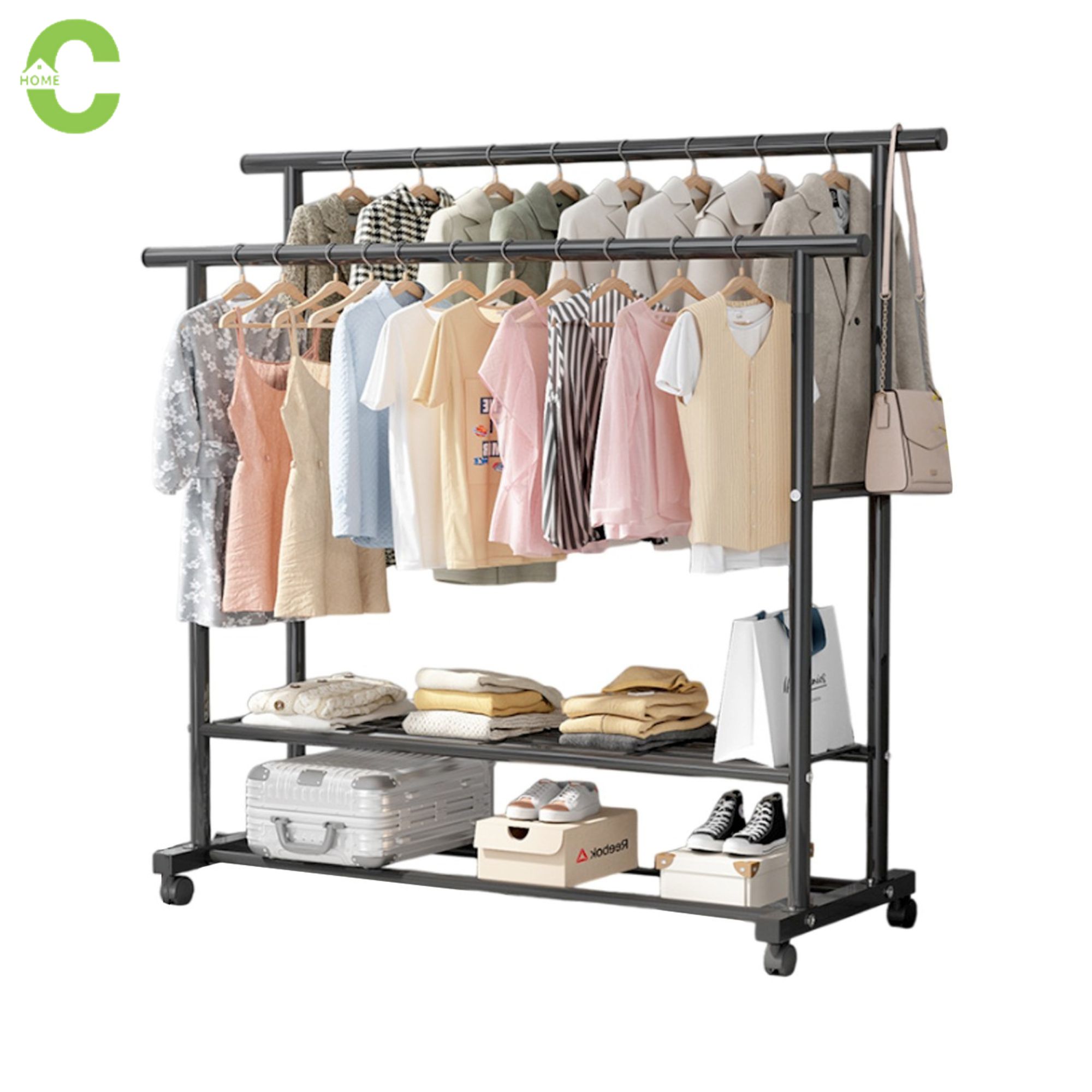 HOMEC ราวแขวนเสื้อผ้า ราวตากผ้าตั้งพื้น ราวเหล็กมีล้อ ราวตากผ้า ราวตากผ้าพร้อมชั้นวางของ โครงเหล็กแข็งแรง แขวนเสื้อผ้าได้เยอะ ราคา 289 บาท*ส่งฟรี