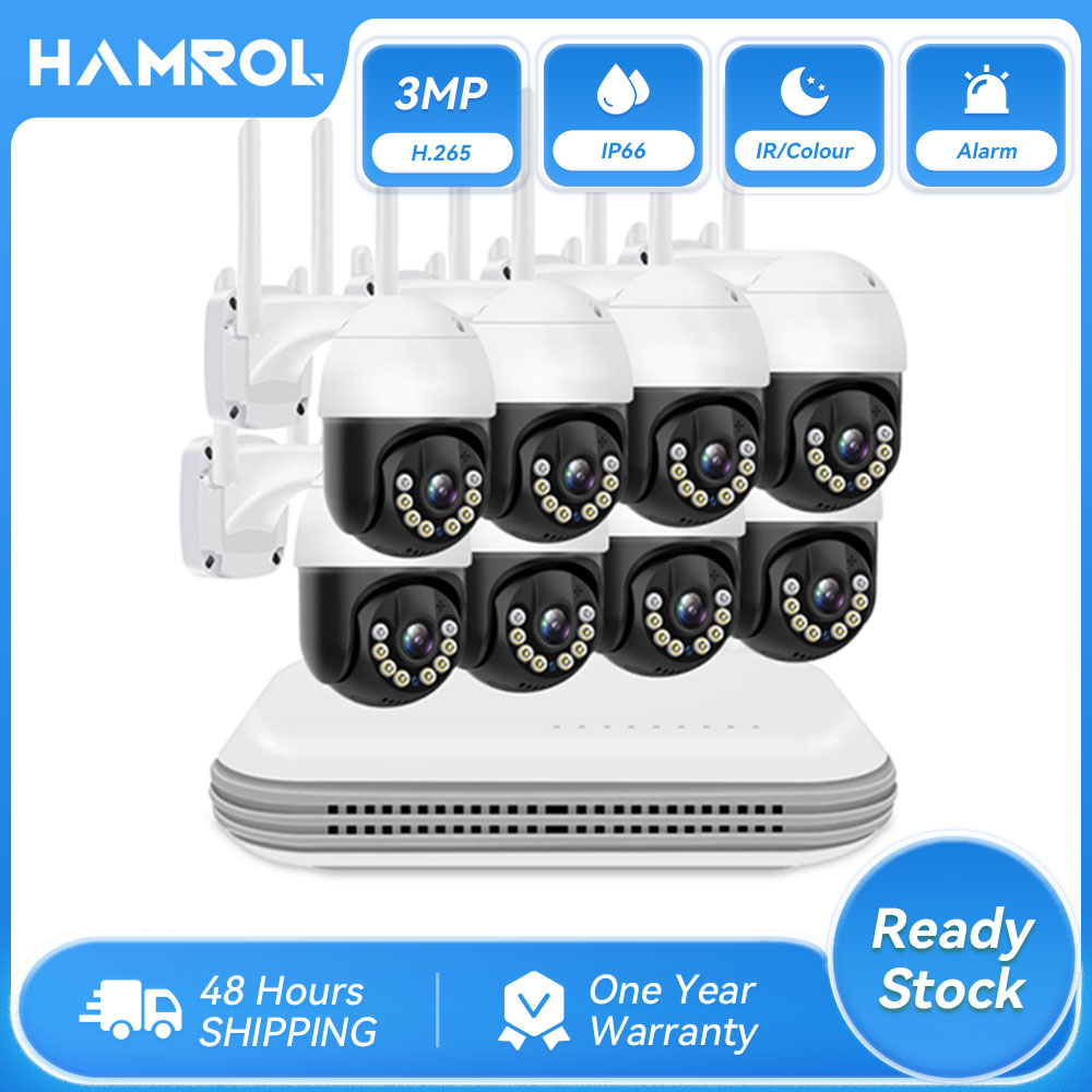 กล้องวงจรปิด กล้องวงจรปิดไร้สาย Wi-Fi Hamrol 8CH 3MP HD ระบบกล้องวงจรปิดไร้สาย Two Way Audio H.265 สีกันน้ำ Night Vision PTZ WIFI IP Security กล้อง p2P Xmeye NVR ชุดการเฝ้าระวังวิดีโอ