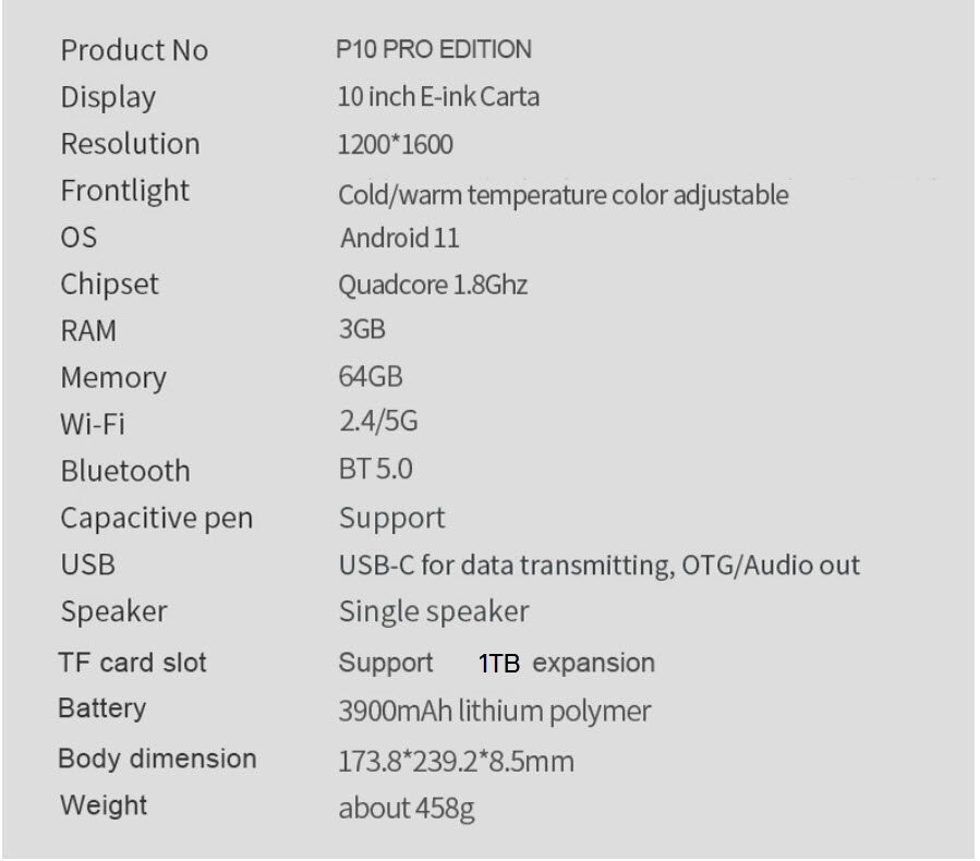 รูปภาพของ Meebook P10 Pro Edition eBook Reader 2023 - New 10" Eink (Android 11 / Micro SD Slot 1TB)