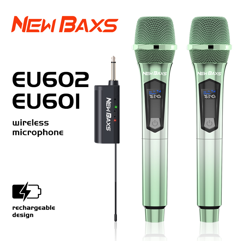 NewBaxs UHF wireless dual microphone eu601/eu602 5v color plating 50 m/164 ft charging mic for KTV singing party ราคา 222 บาท*ส่งฟรี