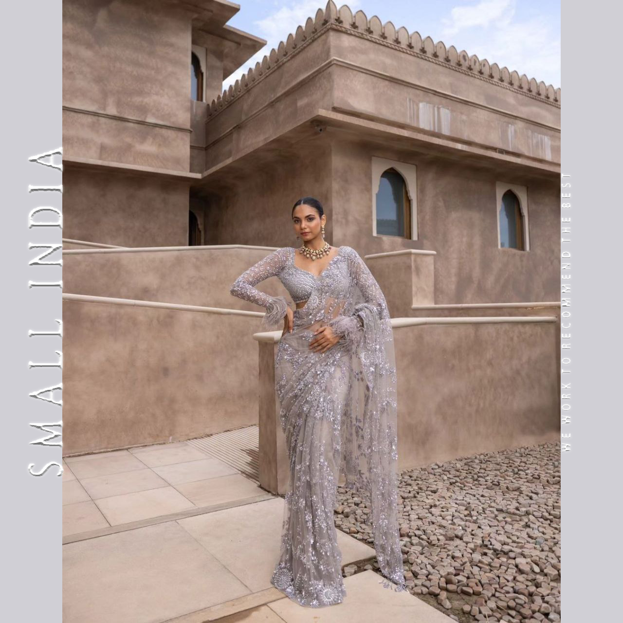 {**ส่งฟรี**} SMALL INDIA 🥻 Smoke Grey Crystals & Pearls Embroidered Saree 🥻 Women Contemporary Saree ราคา 5,870 บาท*ส่งฟรี