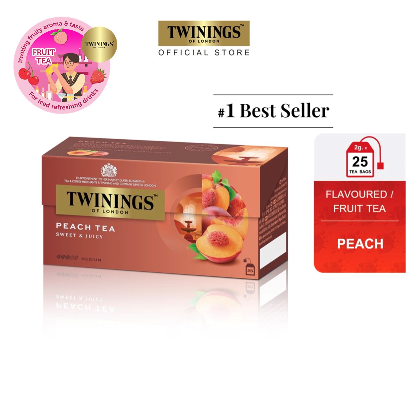 ทไวนิงส์ ชาแต่งกลิ่น รสพีช ชนิดซอง 2 กรัม แพ็ค 25 ซอง Twinings Peach Flavoured Tea 2 g. Pack 25 Tea Bags ราคา 219 บาท*ส่งฟรี