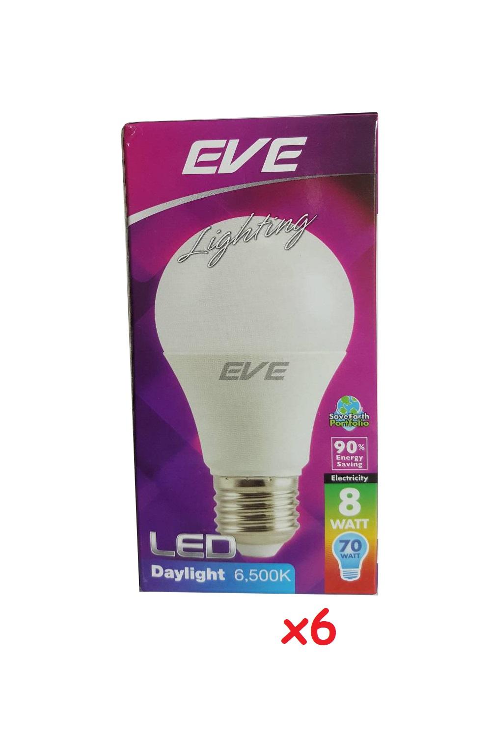 หลอดไฟฟ้า หลอดประหยัดไฟ LED A60 8W DL E27D เดย์ไลท์ 30,000 ชม. EVE แพ็ค 6 หลอด