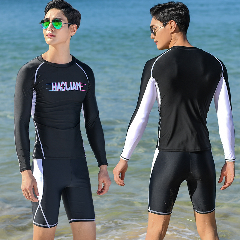 (2 ชิ้น) ชุดว่ายน้ำผู้ชายสไตล์เกาหลีแฟชั่นครีมกันแดดชุดว่ายน้ำแห้งเร็วสูทแบบสองชิ้น 2020 ใหม่