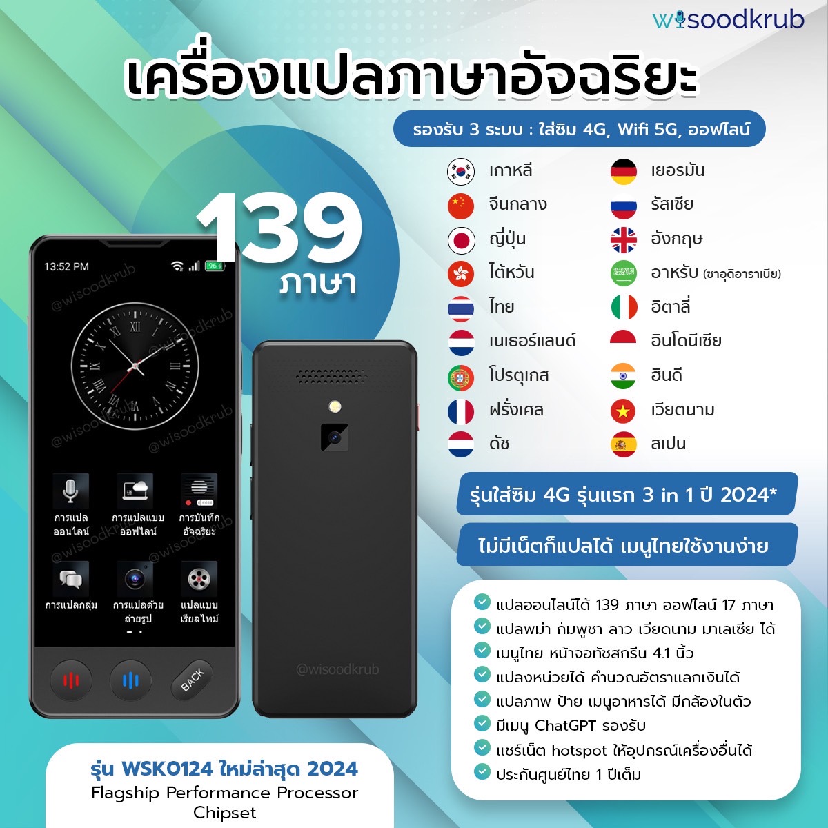 [กดติดตามลดเพิ่ม] เครื่องแปลภาษาใส่ซิมได้ แปลได้ 139 ภาษา รองรับ WIFI 5G และระบบออฟไลน์ 3 in 1 รุ่น WSK0124 by wisoodkrub เครื่องแปลภาษาออฟไลน์ 16 ภาษา ราคา 3,690 บาท*ส่งฟรี