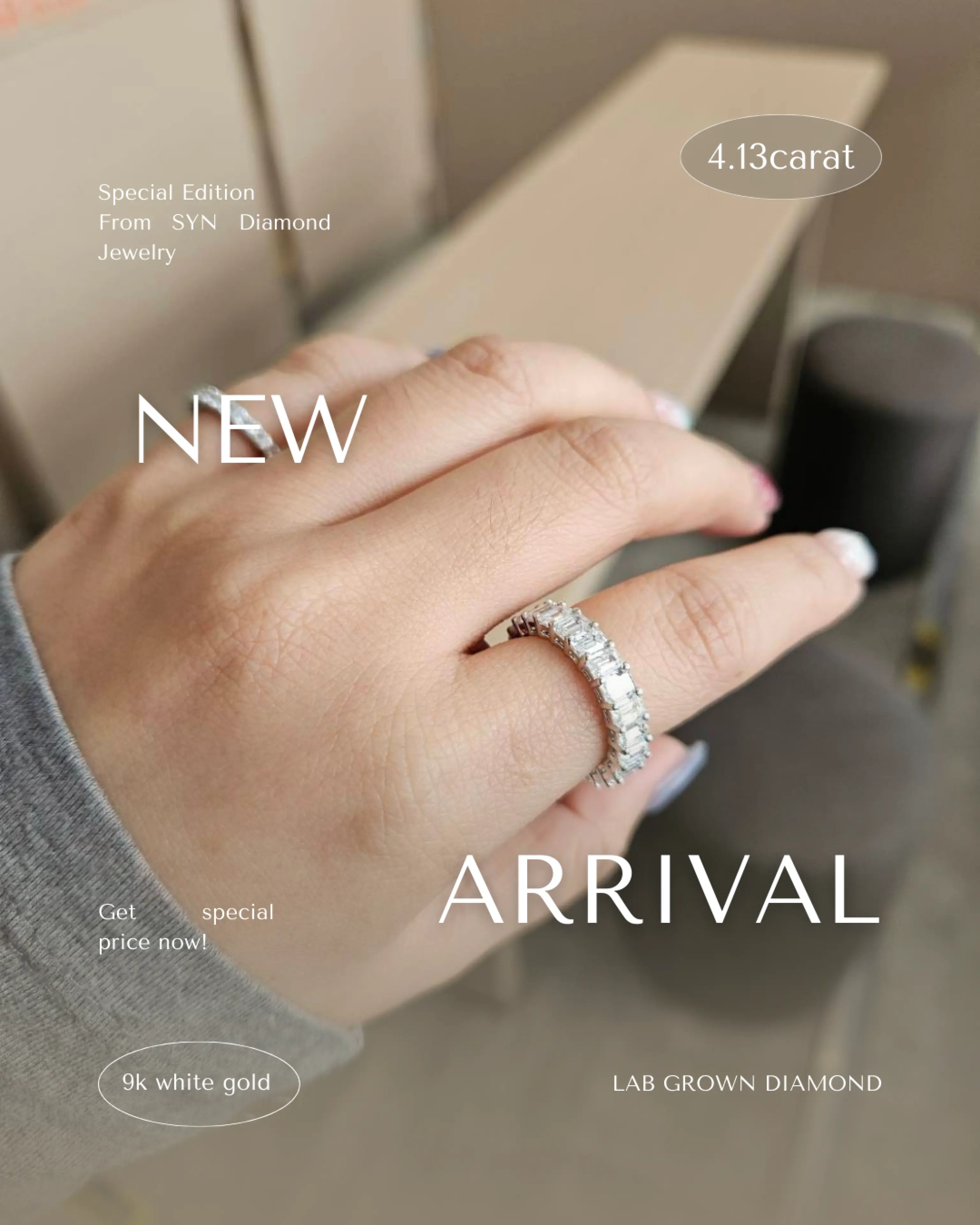 New in Diamond Ring, Eternity Rings, Total Weight 4.13Ct. 9K White Gold Sz.53 (Size Can Be Adjusted) Lab Grown Diamond, Syn Diamond #R000568