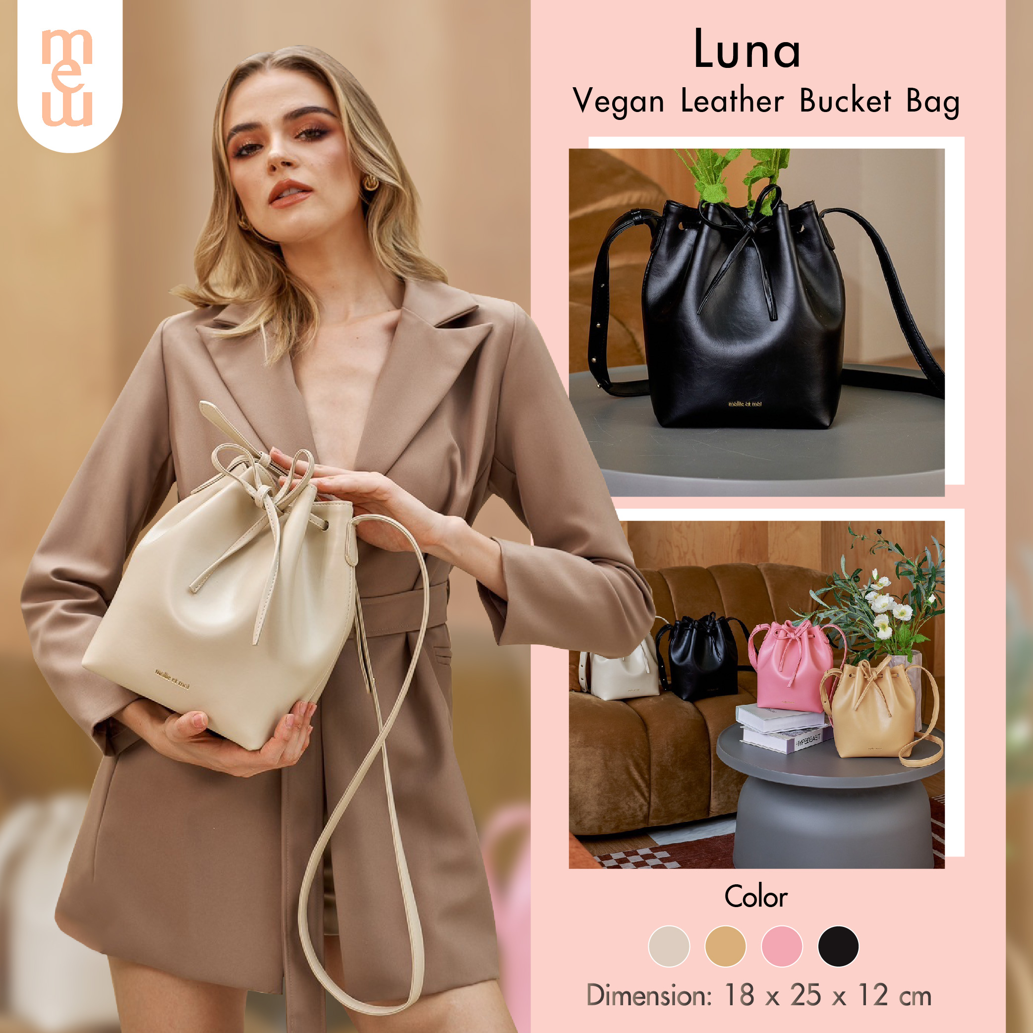 Luna Vegan Leather Bucket Bag กระเป๋าหนังวีแก้น กระเป๋าสะพาย กระเป๋าแฟชั่น กระเป๋าสวยๆ ทำจากหนังวีแก้น ใช้พาดลำตัวหรือพาดไหล่ พร้อมส่ง ราคา 2,690 บาท*ส่งฟรี