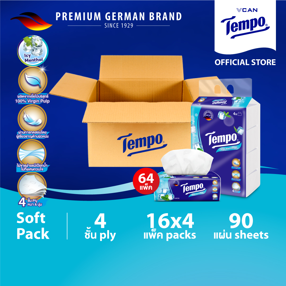 ของใช้ในบ้านและผลิตภัณฑ์ดูแลบ้าน Tempo กระดาษเช็ดหน้า Softpack ไอซี่ เมนทอล กระดาษเช็ดหน้าหนา 4 ชั้น (16 ห่อ/กล่อง) ยกกล่อง ราคา 4,578 บาท*ส่งฟรี