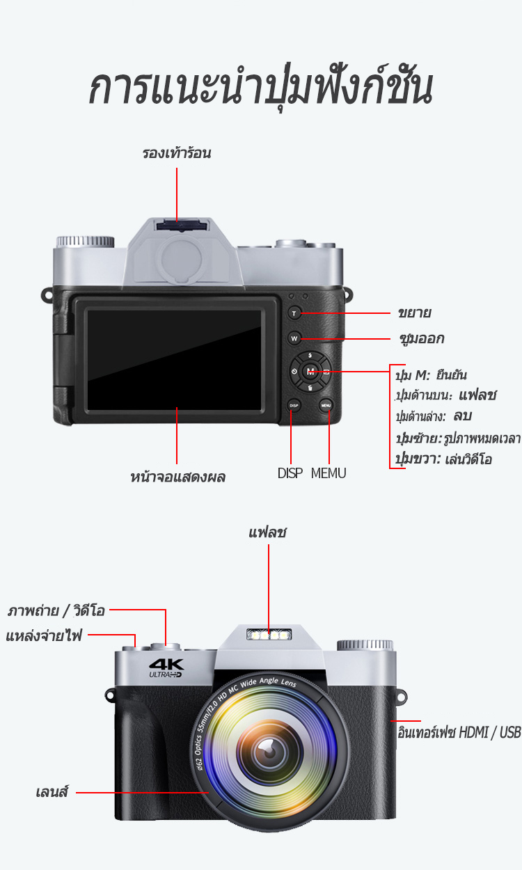 มุมมองเพิ่มเติมเกี่ยวกับ 【รองรับภาษาไทย】 กล้องดิจิตอล ความละเอียดสูง 4K 48 ล้านพิกเซลพร้อมฟังก์ชั่น WIFI กล้องการท่องเที่ยวใช้ในครอบครัว กล้องเซลฟี่ (แถมเมมโมรี่การ์ดที่ความเร็วสูง 16G + แบตเตอรี่เดิม)
