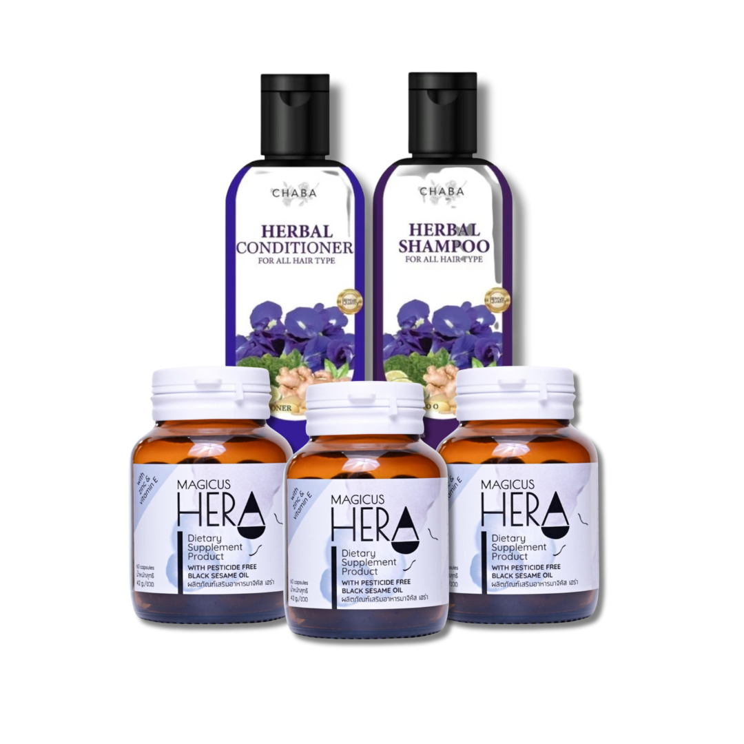 Magicus Hera vitamin for hair loss 3 Bottle with a Free Gift!! CHABA butterfly pea shampoo + conditioner 300 ml. ราคา 2,970 บาท*ส่งฟรี