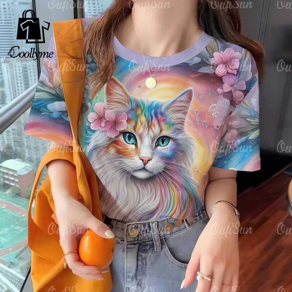 Cat Women's round neck T-shirt Songkran 2568 animal print top women's o-neck vintage tops daily casual streetwear ราคา 99 บาท*ส่งฟรี