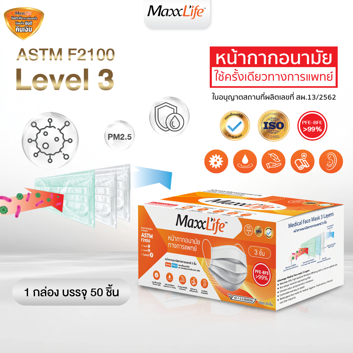 เซตสุดคุ้ม หน้ากากอนามัย ทางการแพทย์ 3 ชั้น Maxxlife (1กล่อง 50 ชิ้น) ของแท้ 100% - ยี่ห้อ MaxxLife ราคา 550 บาท*ส่งฟรี