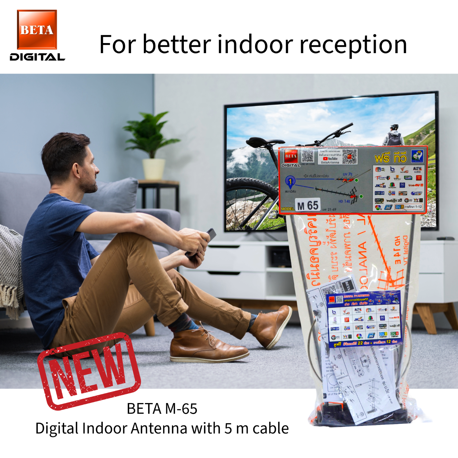 เสาอากาศทีวี BETA M-65 ติดตั้งภายใน สายยาวพิเศษ รับวิทยุ-โทรทัศน์ ราคา 285 บาท*ส่งฟรี