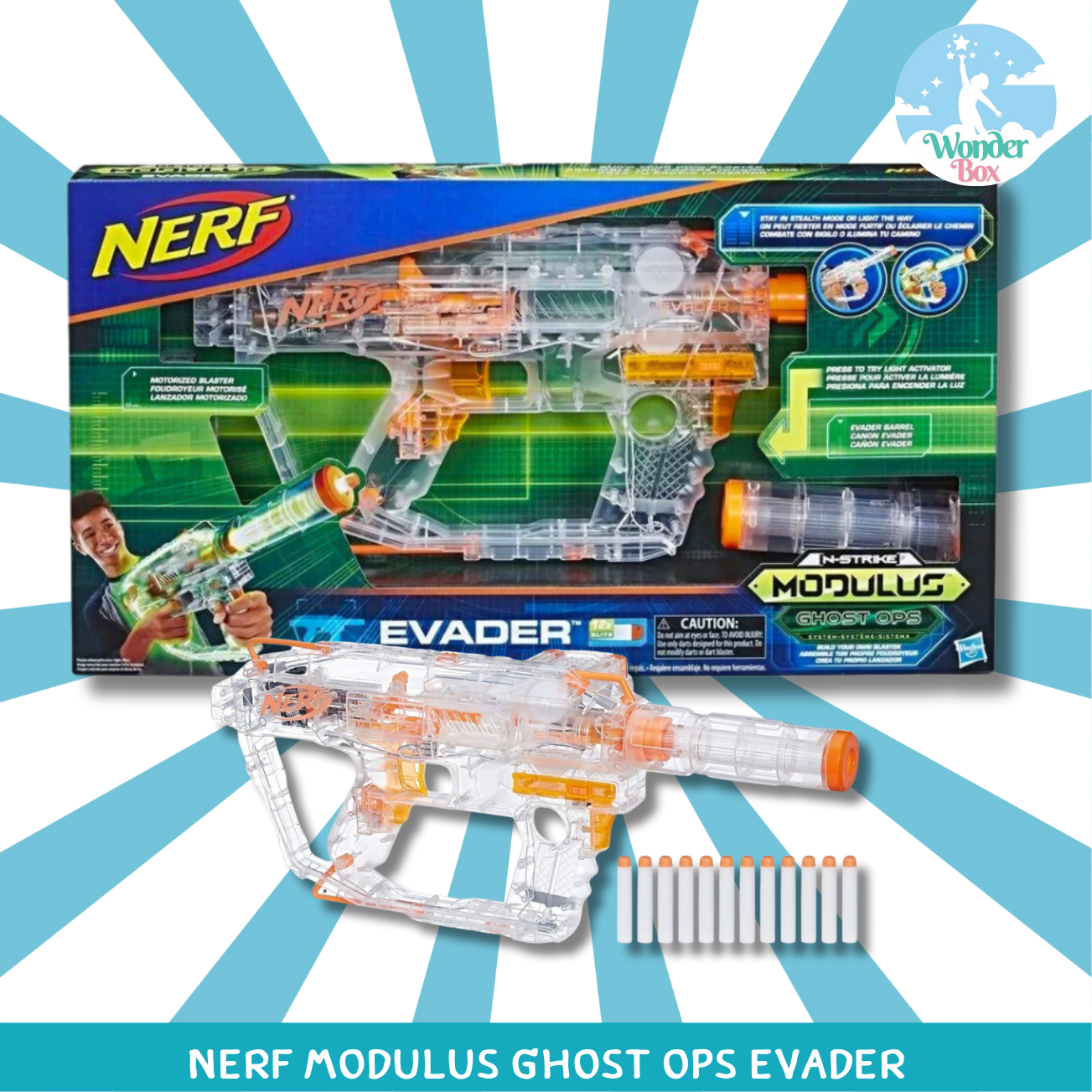 พร้อมส่ง🚚 Nerf Modulus Ghost Ops Evader 🔫 ปืนยิงบลาสเตอร์แบบซีทรู แบบมีแสงและส่วนต่อขยายลำกล้องพร้อมลูก 12 ดอก 💚ของแท้ 100% ราคา 3,050 บาท*ส่งฟรี