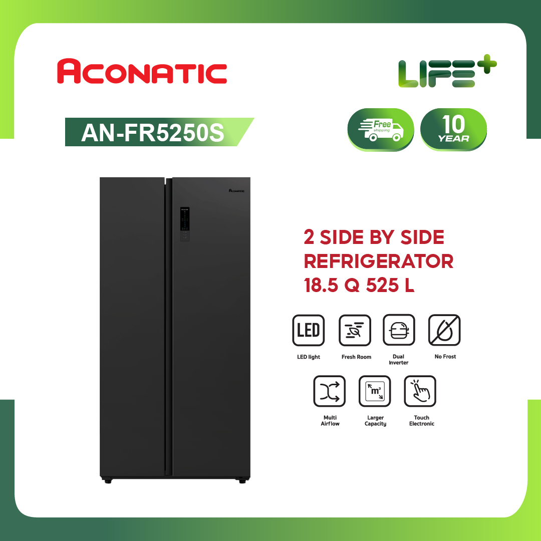 NEW ตู้เย็น Aconatic 2 ประตู ซ้าย-ขวา SIDE BY SIDE รุ่น AN-FR5250S (18.5 คิว) ราคา 14,790 บาท*ส่งฟรี