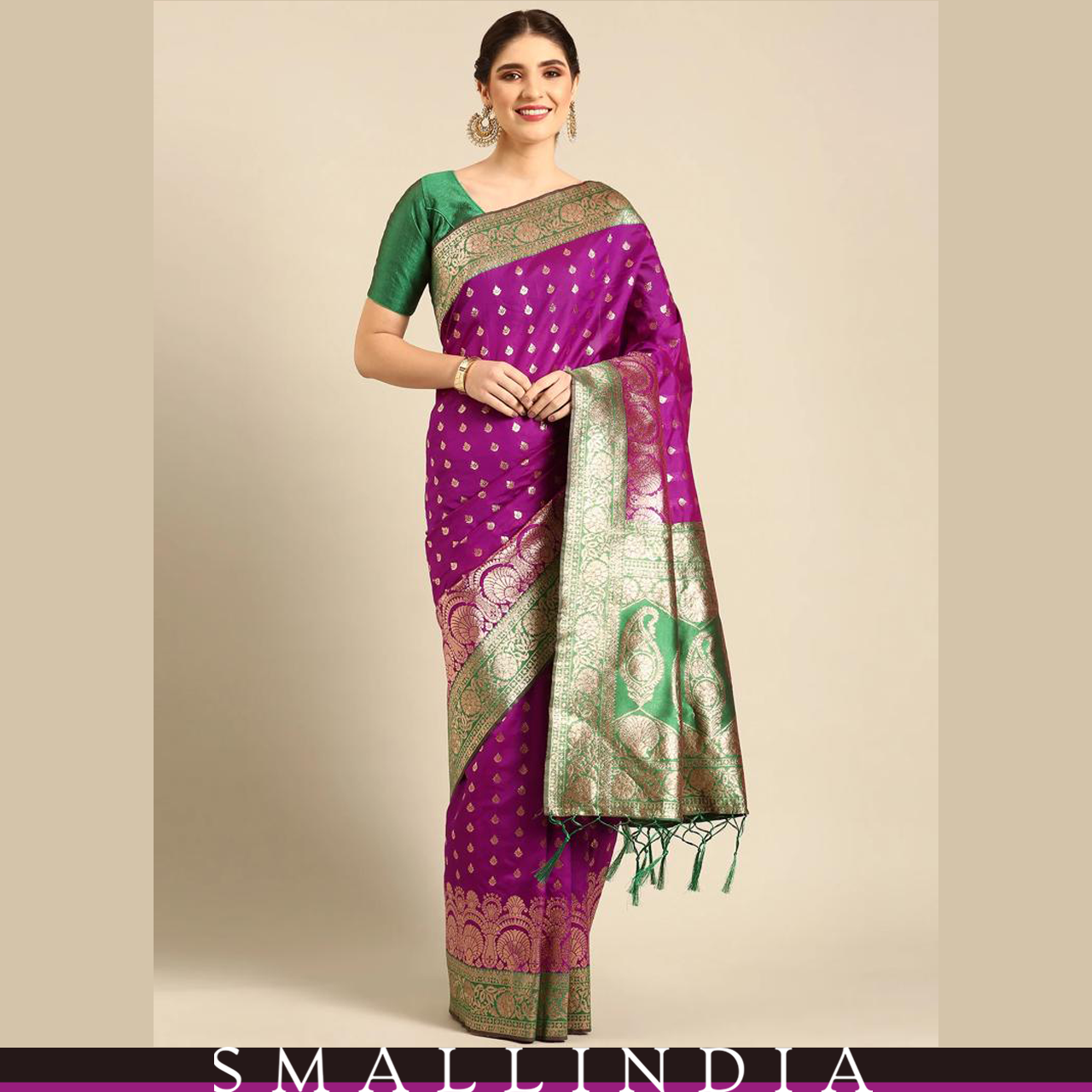 {**ส่งฟรี**} SMALL INDIA 🥻 Beautiful Zari Work Silk Saree 🥻 Women Silk Saree ราคา 3,840 บาท*ส่งฟรี