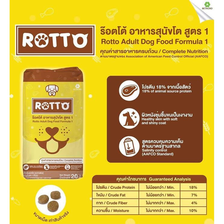 ข้อมูลเกี่ยวกับ [1กระสอบ]Rotto Adult Dog Food Formula 18% 20 Kg./ร็อตโต้ อาหารสุนัขแบบเม็ด อาหารสุนัขโต พรีเมี่ยมโปรตีน 18%ขนาด 20 กิโลกรัม
