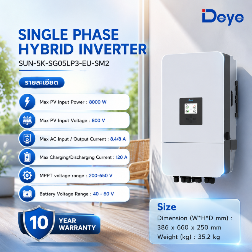 อุปกรณ์แต่งสวนและกลางแจ้ง DEYE Hybrid Inverter 5Kw 3 Phase 48V รุ่น Sun-5K-Sg05Lp3-Eu-Sm2 รับประกัน 10 ปี ราคา 75,900 บาท*ส่งฟรี