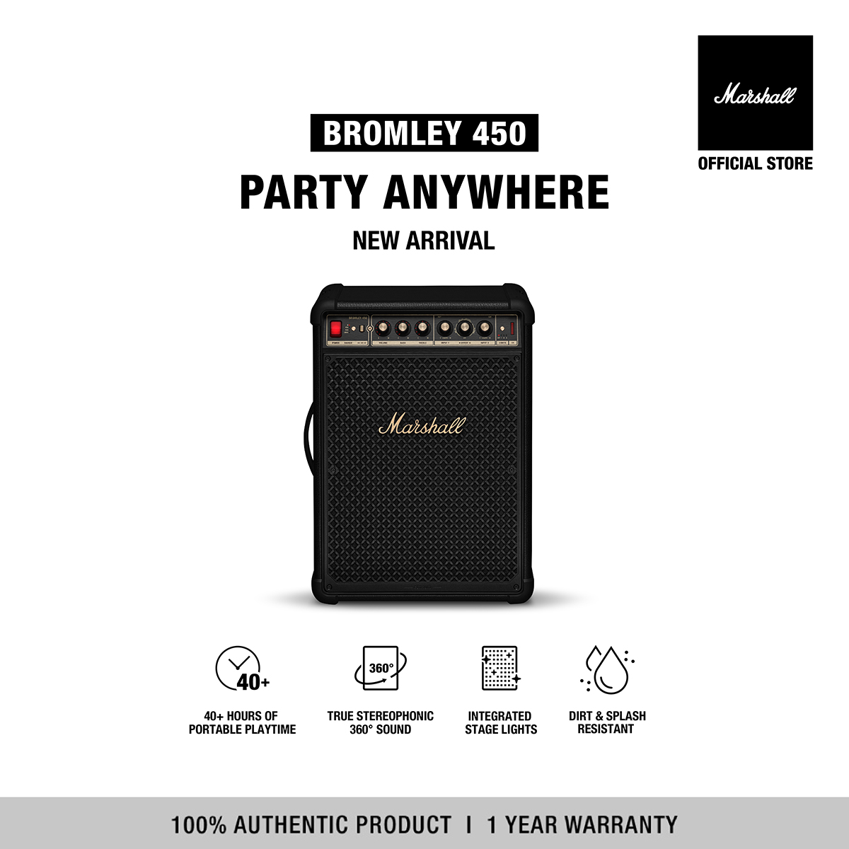 ลำโพงบลูทูธไร้สาย Marshall Bromley 450 Black and Brass - รับประกัน 1 ปี + ลำโพงพกพา ลำโพงปาร์ตี้ ราคา 26,990 บาท*ส่งฟรี
