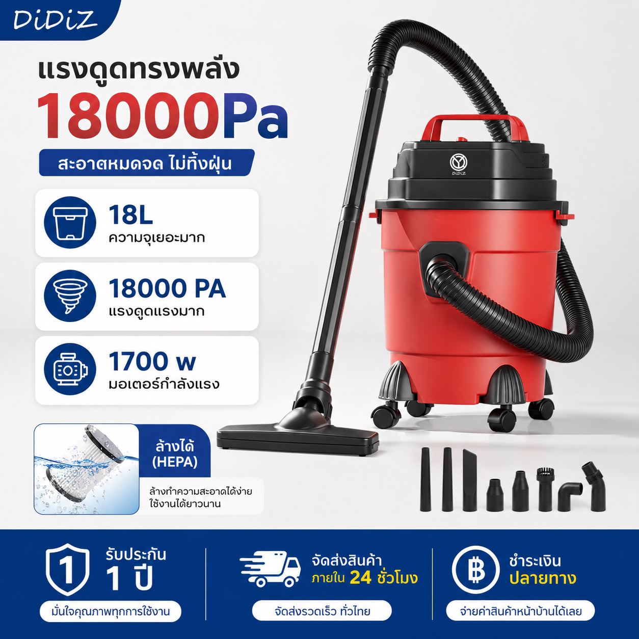 Didiz Wet and Dry Vacuum Cleaner 3in1 15L 1500W Suction Power 18Kpa Stainless Steel Tank White for Home Use - Mechanic Work ราคา 809 บาท*ส่งฟรี