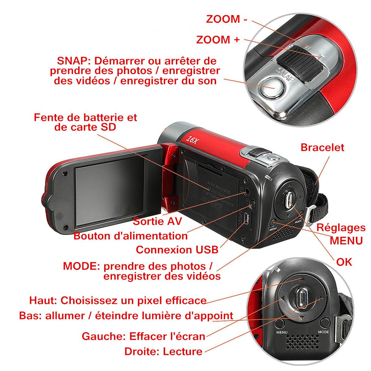 มุมมองเพิ่มเติมของสินค้า ดิจิตอลกล้องวิดีโอ กล้องวีดีโอกล้องถ่ายรูป ระบบตัวเลขความละเอียดสูงกล้องถ่ายวิดีโอกล้อง DV 16X Video Camera 16 Million Pixels HD 1080P Digitale Video Camcorder DV 16MP 2.7'' LCD Screen Toccare Schermo 16X Zoom Camera