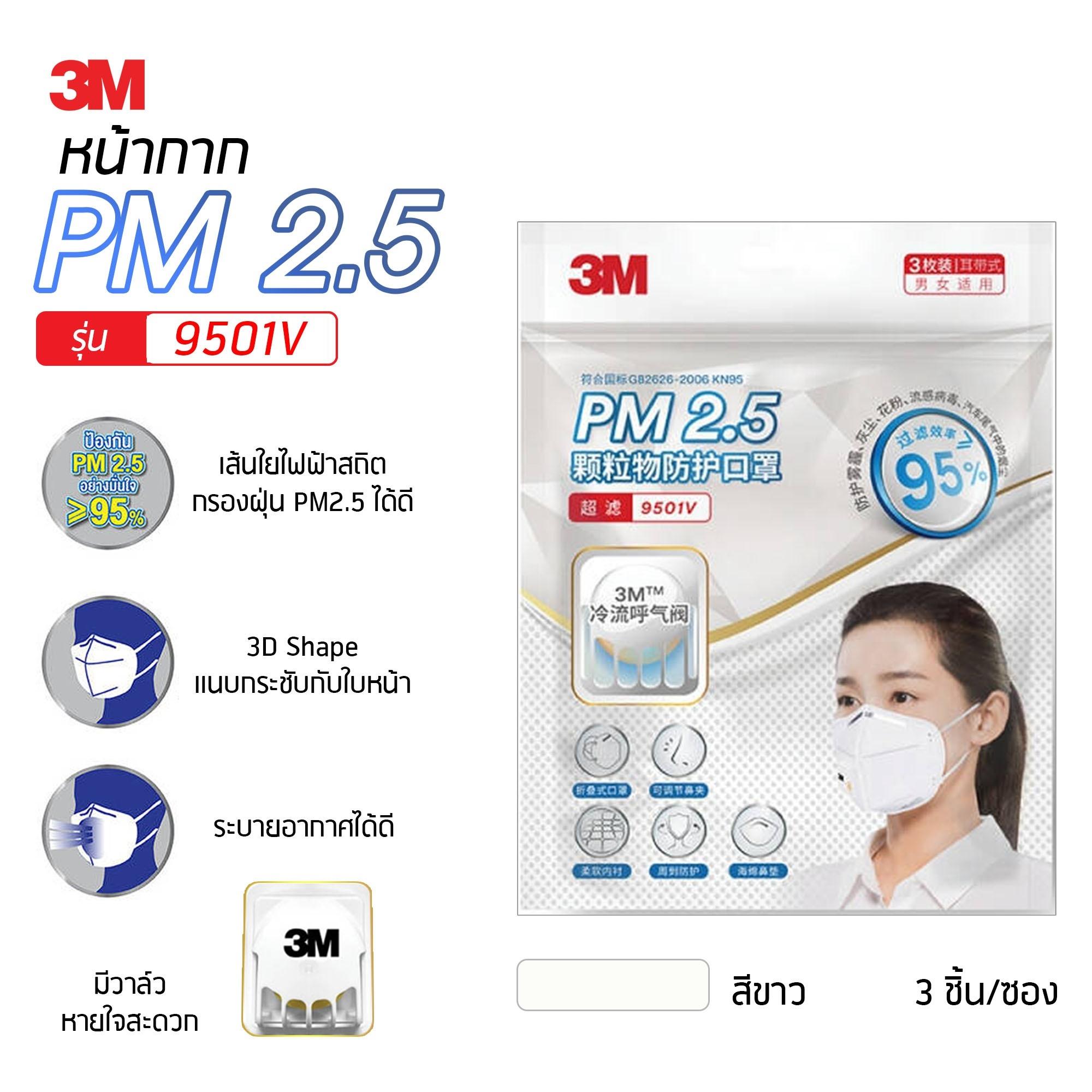 3M หน้ากากปิดจมูก PM2.5 สีขาว รุ่น 9501V พร้อมวาล์ว กรองอนุภาคขนาดเฉลี่ย 0.3ไมครอนได้มากกว่า 95% (มาตรฐาน KN95) (3ชิ้น/ซอง) Pharmaplex