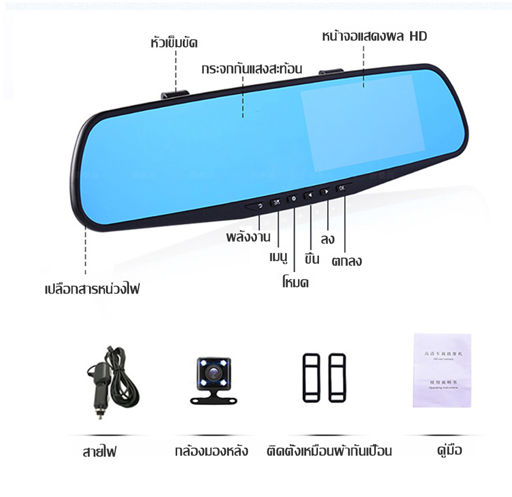 มุมมองเพิ่มเติมของสินค้า กล้องติดรถยนต์  เมนูภาษาไทย!! กล้องติดรถยน กล้องติดรถยนต์ จอกระจก ไร้ขอบ สบายตา คมชัดระดับ Full HD 1080P H.264 พร้อมกล้องหลัง และกระจกตัดแสง กล้องคู่ 2กล้อง หน้า-หลัง  หน้าจอ 4.3 นิ้ว ฟรีเมมโมรี่การ์ด32G